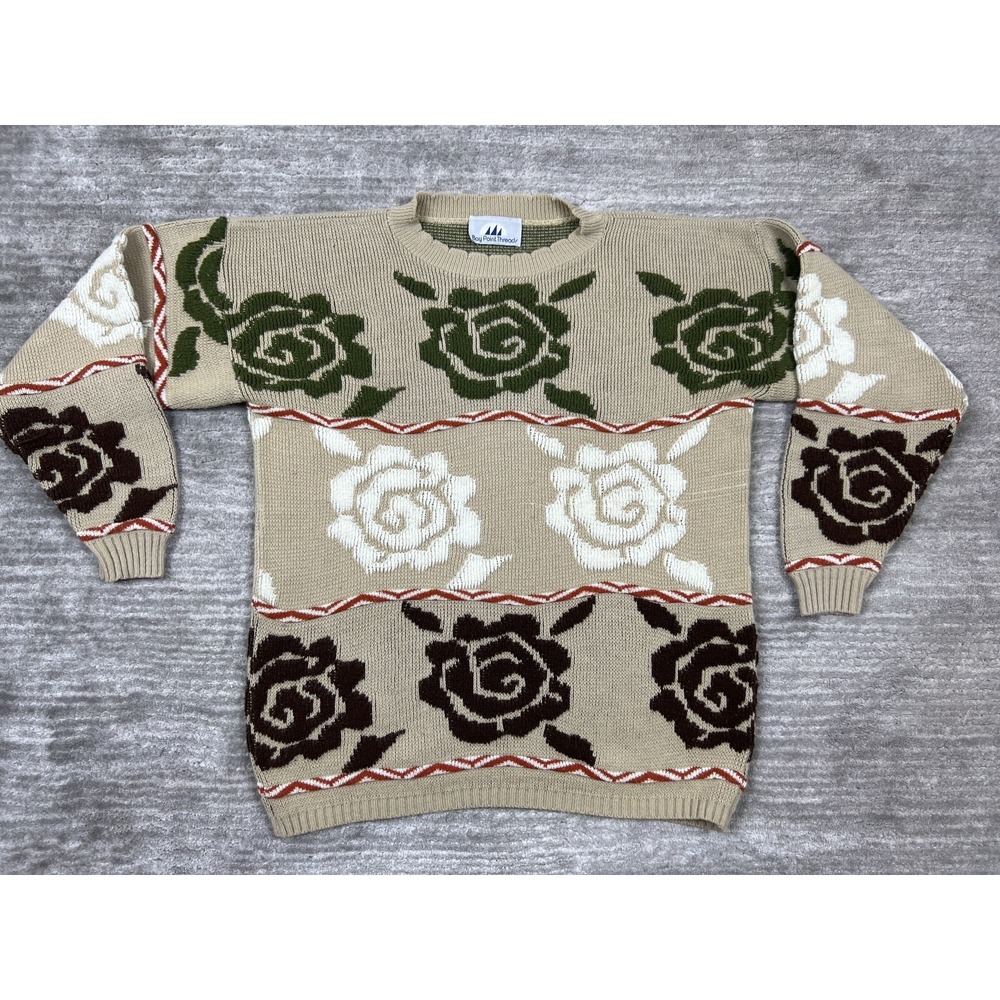 Bay Point Threads Sweater Mens Medium Tan Rose Floral Knit Crewneck Vintage USA